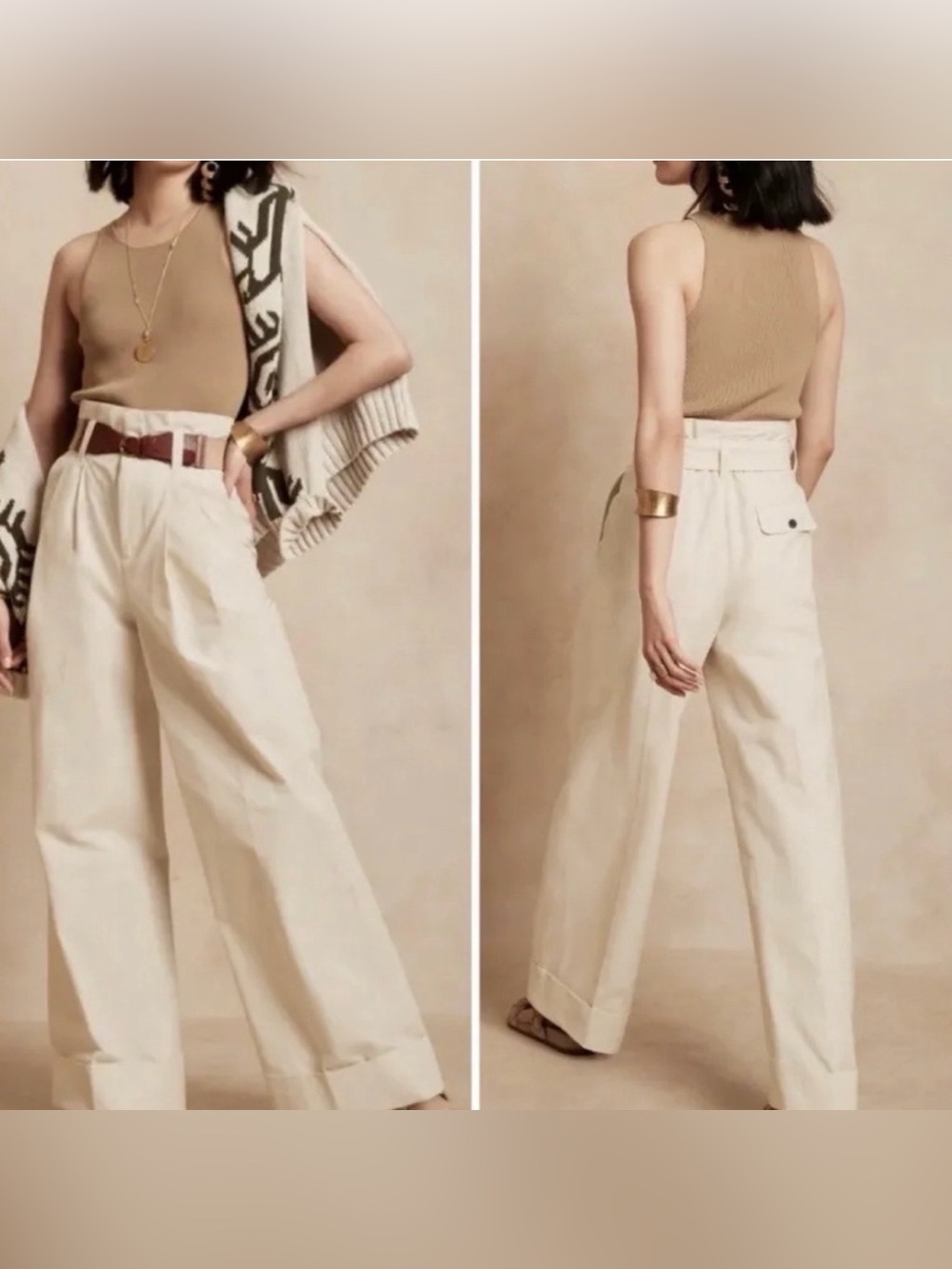Banana Republic High-Waist Wide-Leg Cream Trousers w/ Fabric Belt - Sz 2